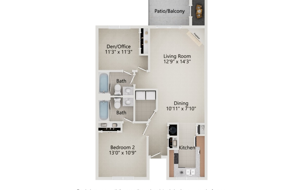 1BR + Den/Office - 1 bedroom floorplan layout with 2 bathrooms and 1080 square feet (3D) 1BR + Den/Office - 1 bedroom floorplan layout with 2 bathrooms and 1080 square feet (3D)